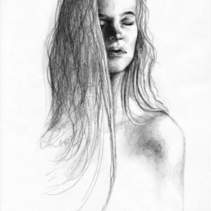 Grafika przedstawiająca kobietę. Portret. Długie włosy opadają na jej nagie ramiona. Ma zamknięte oczy i głowę skierowaną w bok.