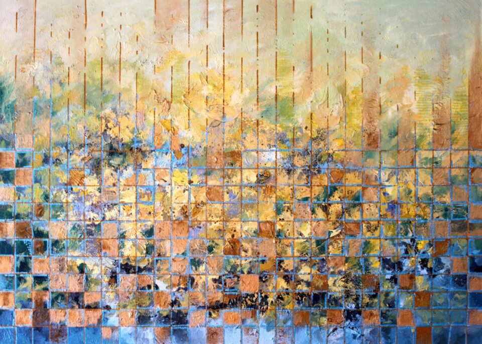 Na abstrakcyjnej złoto-błękitnej pracy słoneczniki. Charakterystyczna jest siatka pixelowa w dolnej części pracy. Wyróżniają się dzielące linie dzielące pixele.
