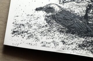 Zbliżenie na róg grafiki "Parada". Widać mocno zarysowanego czarnego ptaka oraz porozrzucane dookoła niego czarne plamki.