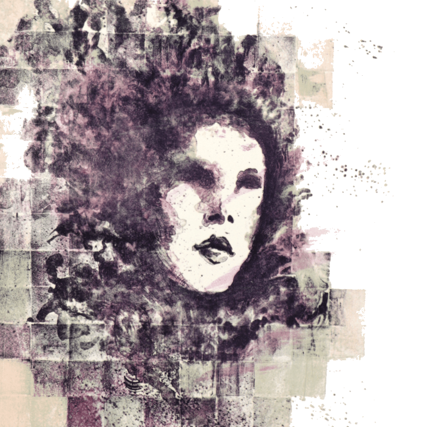 Grafika w odcieniach ciemnej purpury na białym tle przedstawia twarz kobiety rozmywającą się w kwadratowych płomieniach.